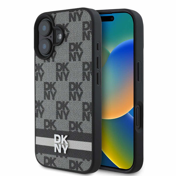 DKNY PU Leather Checkered Pattern and Stripe Leather Hard Case за iPhone 16